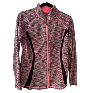 Womens Pink & Gray Striped Full-Zip Athletic Jacket With High Collar & Raglan Sl